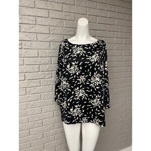 Merona Women Black White Satin Floral Print Long Sleeve Blouse Size XXL